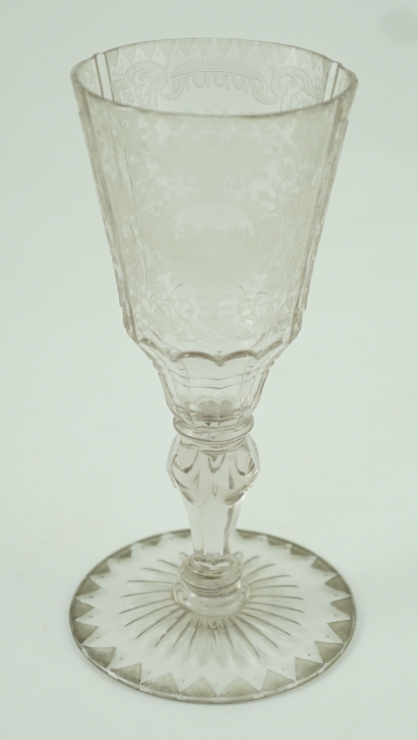 A Silesian wheel engraved glass goblet, c.1760, possibly made in Szklarska Poreba, 16.7cm high